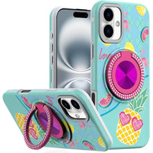 For iPhone 15 Case Printed Design Magnetic Bling Ring Stand + 2 Tempered Glass