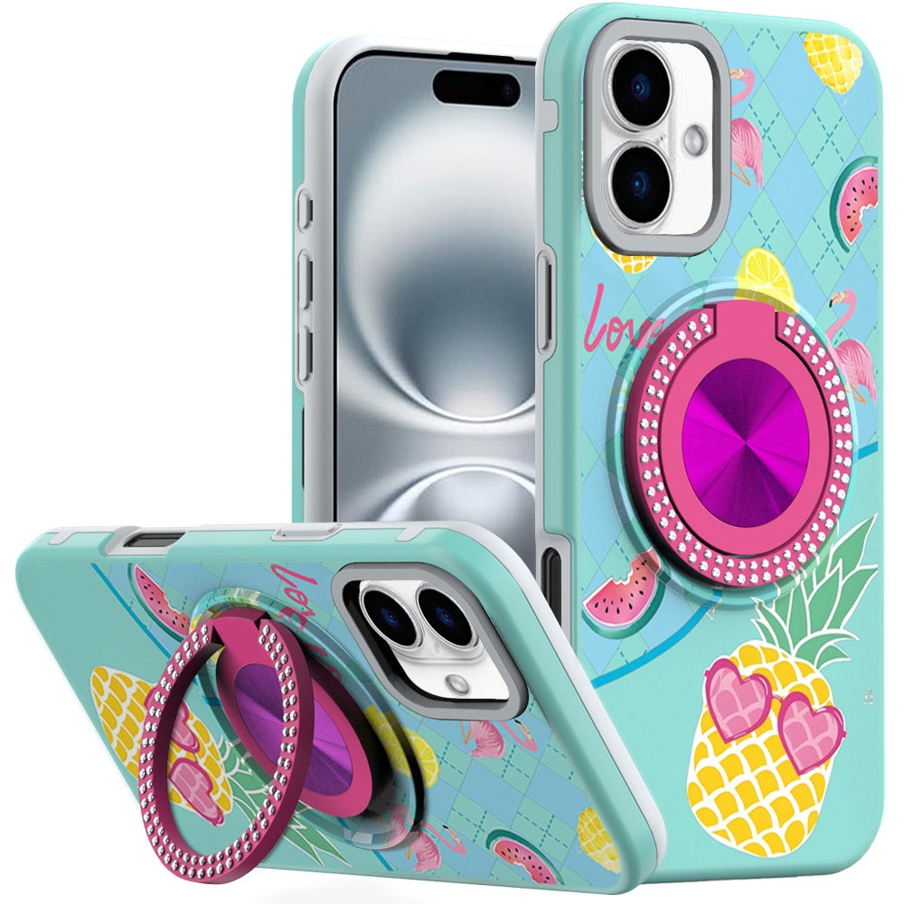 For iPhone 15 Case Printed Design Magnetic Bling Ring Stand + 2 Tempered Glass
