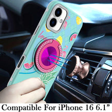 For iPhone 15 Case Printed Design Magnetic Bling Ring Stand + 2 Tempered Glass