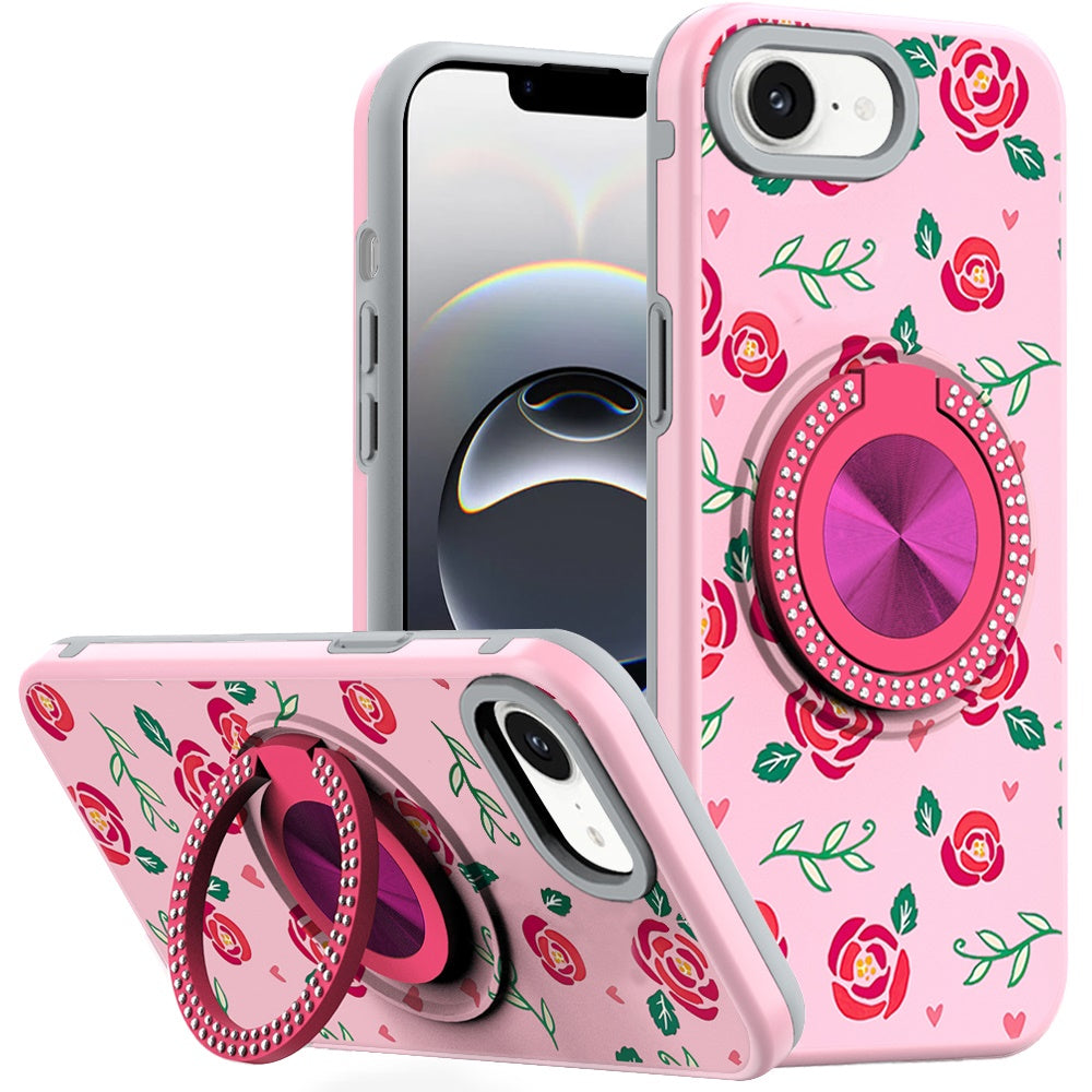 For iPhone 16e Case Printed Design Magnetic Bling Ring Stand + Tempered Glass