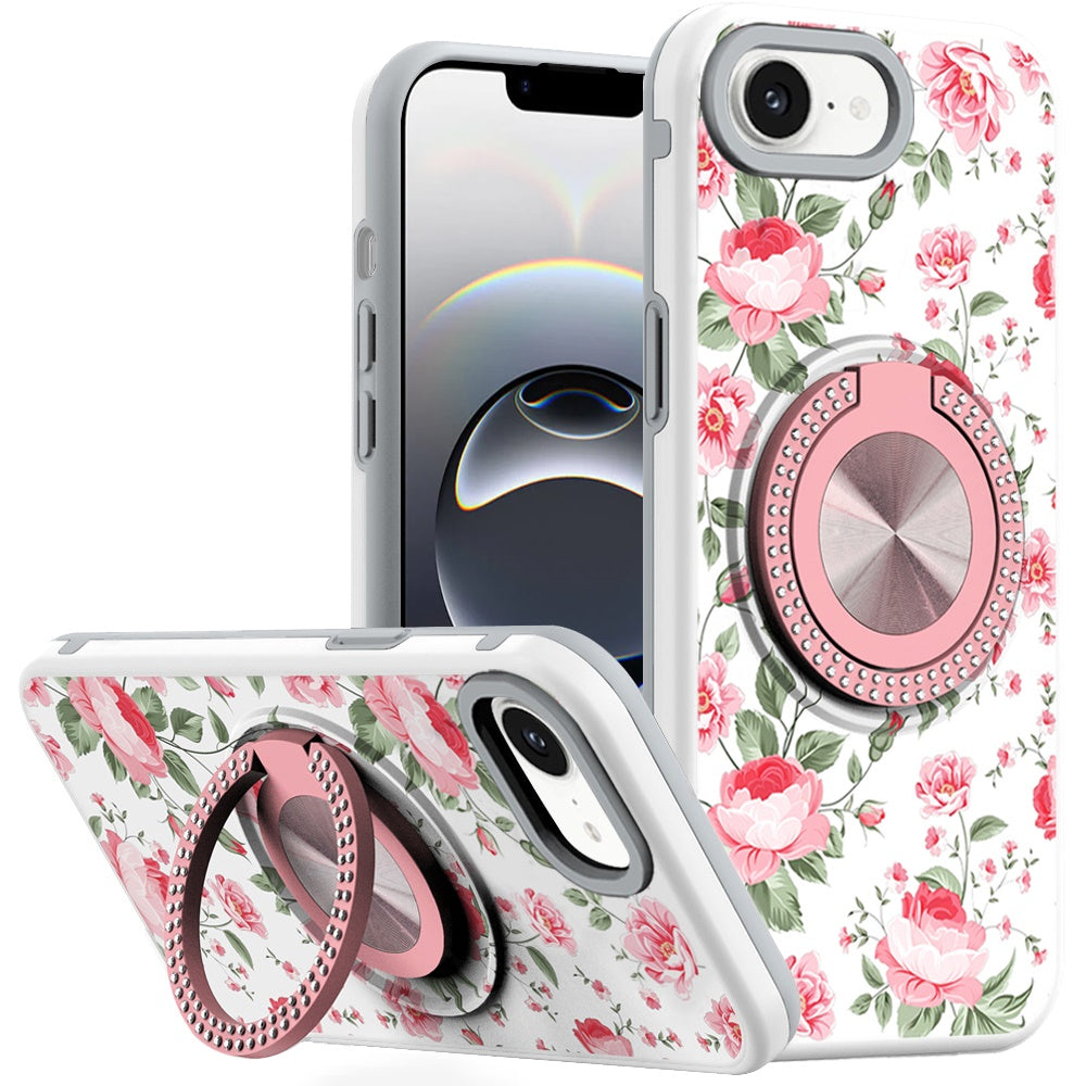 For iPhone 16e Case Printed Design Magnetic Bling Ring Stand + Tempered Glass