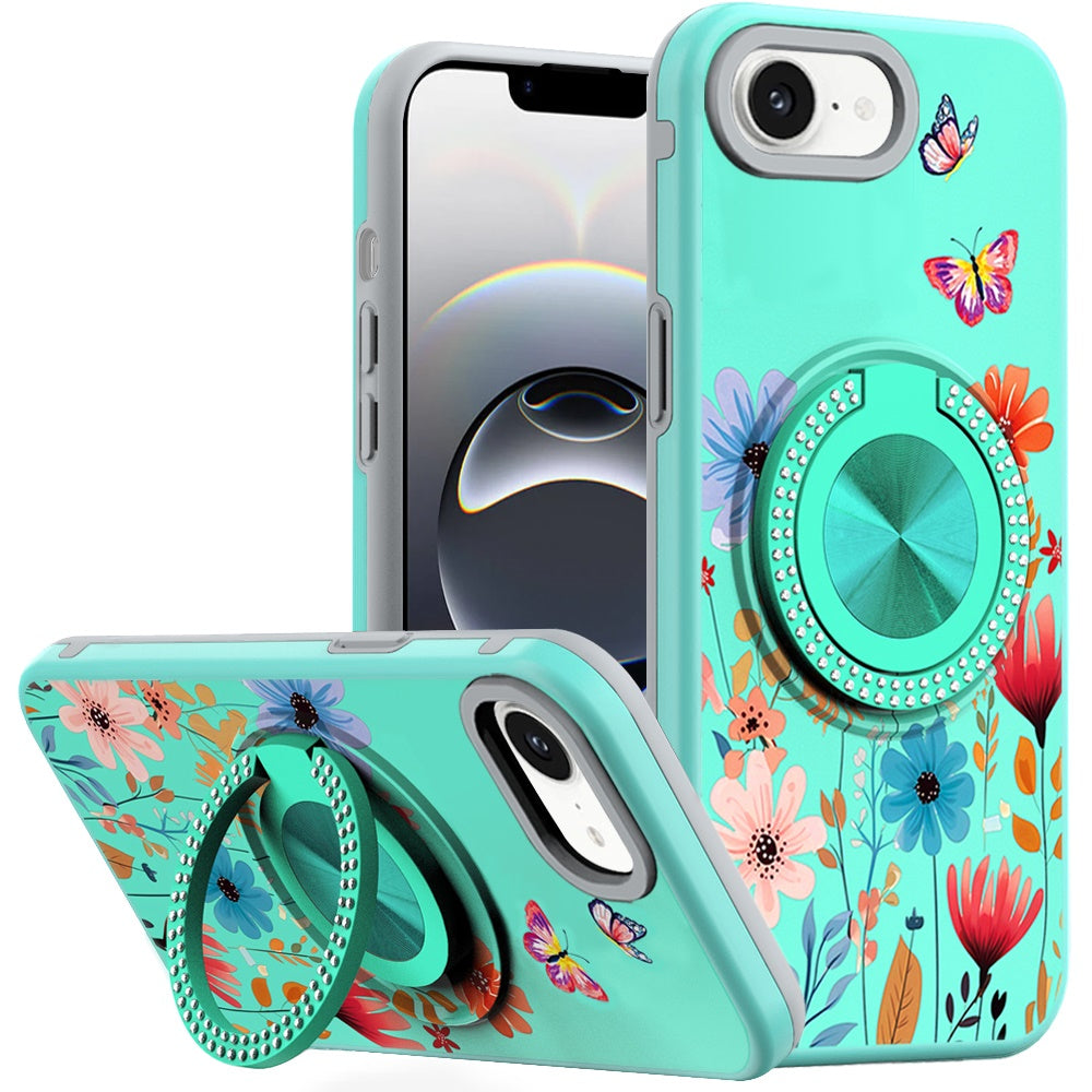 For iPhone 16e Case Printed Design Magnetic Bling Ring Stand + Tempered Glass