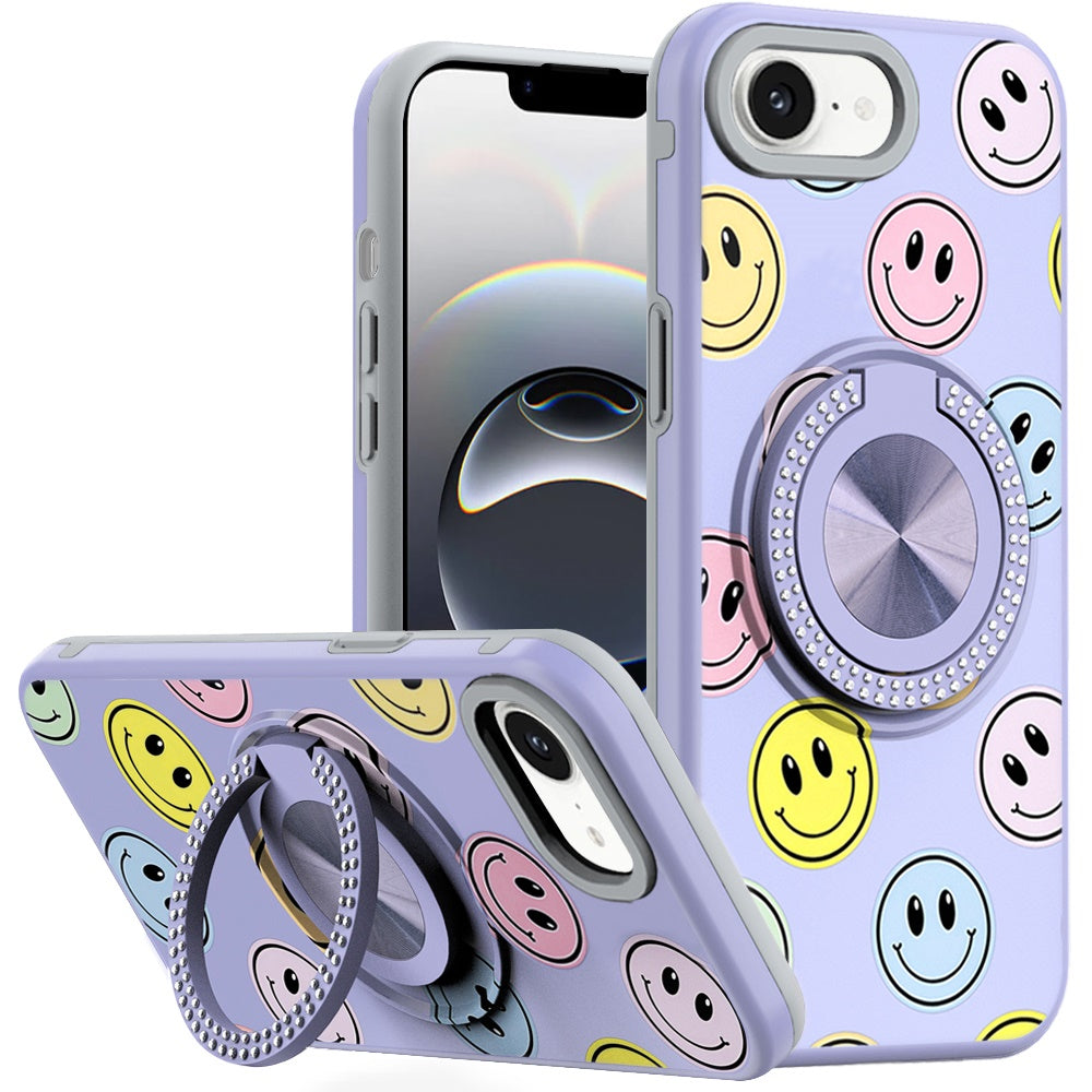 For iPhone 16e Case Printed Design Magnetic Bling Ring Stand + Tempered Glass