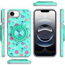 For iPhone 16e Case Printed Design Magnetic Bling Ring Stand + Tempered Glass