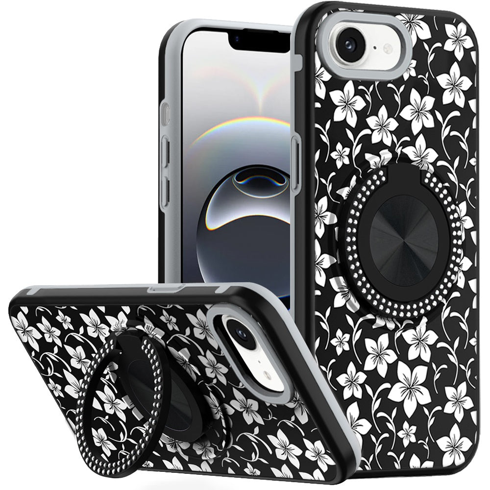 For iPhone 16e Case Printed Design Magnetic Bling Ring Stand + Tempered Glass