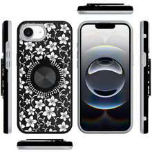 For iPhone 16e Case Printed Design Magnetic Bling Ring Stand + Tempered Glass
