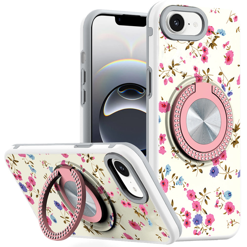 For iPhone 16e Case Printed Design with Bling 360 Stand Cover + Tempered Glass