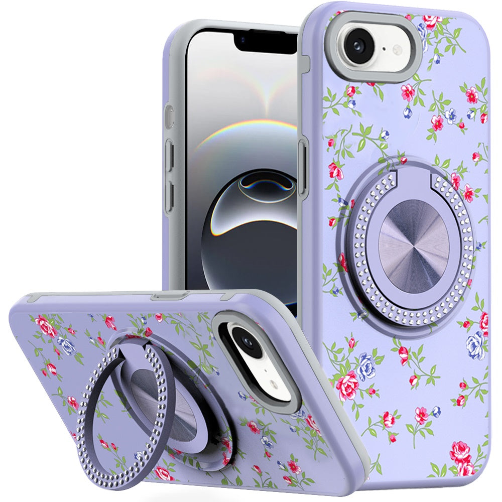 For iPhone 16e Case Printed Design Magnetic Bling Ring Stand + Tempered Glass