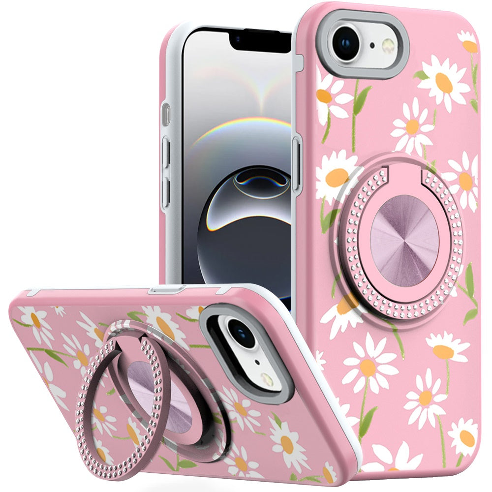 For iPhone 16e Case Printed Design with Bling 360 Stand Cover + Tempered Glass