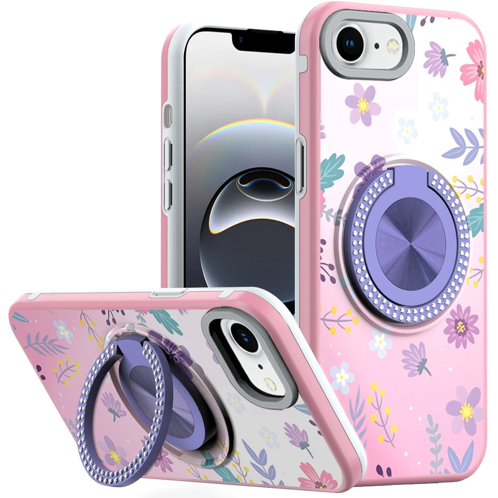 For iPhone 16e Case Printed Design Magnetic Bling Ring Stand + Tempered Glass