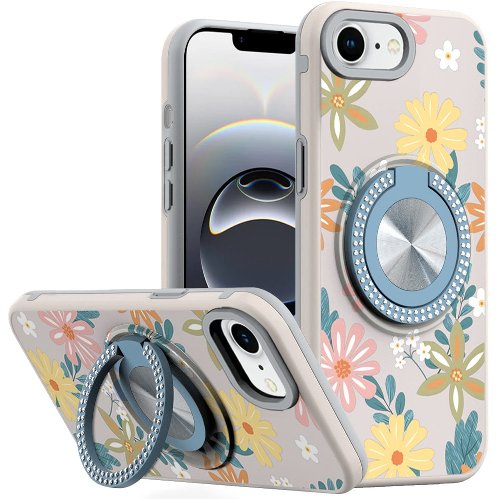For iPhone 16e Case Printed Design Magnetic Bling Ring Stand + Tempered Glass