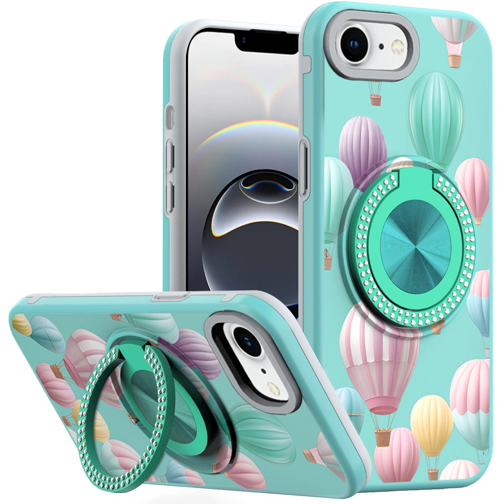 For iPhone 16e Case Printed Design Magnetic Bling Ring Stand + Tempered Glass