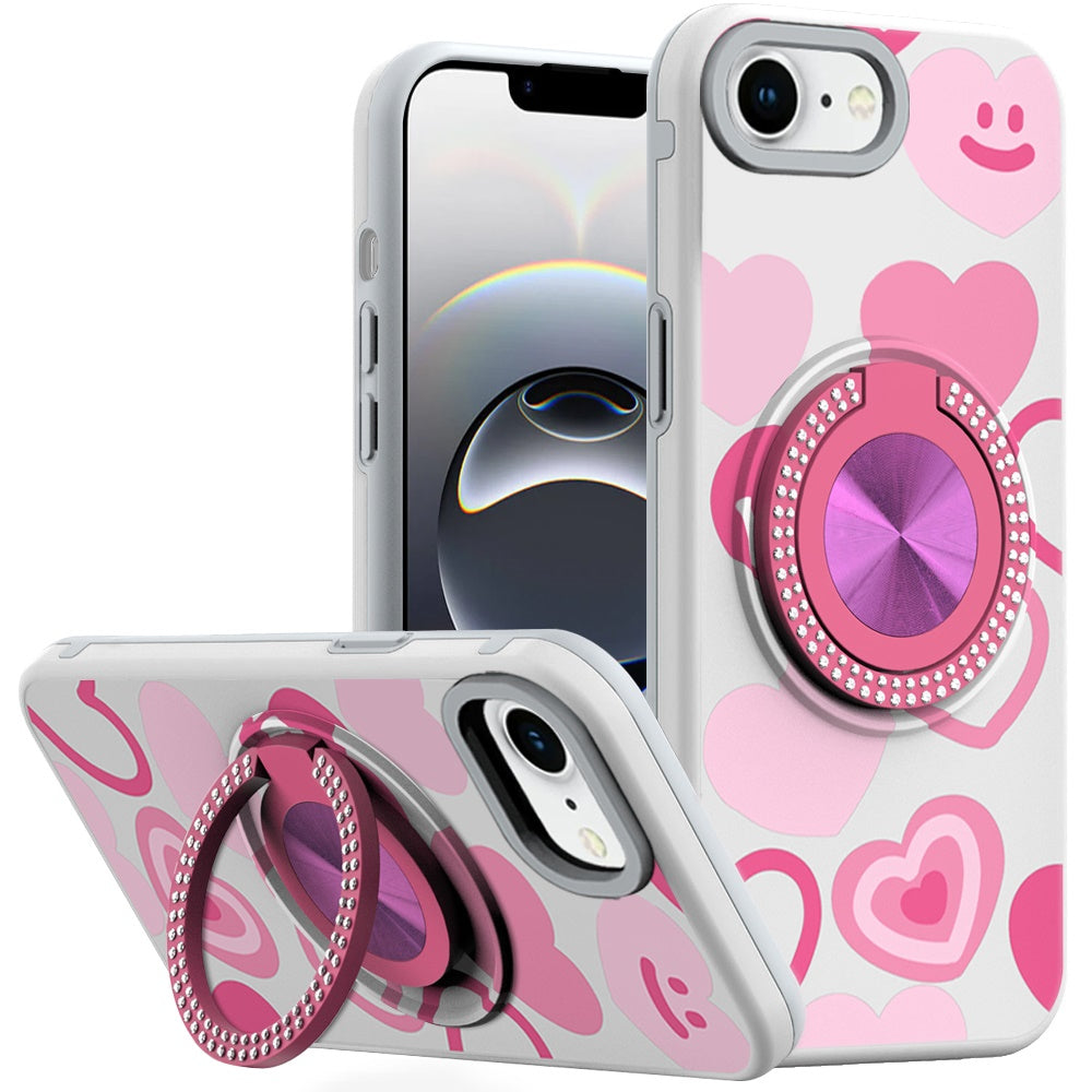 For iPhone 16e Case Printed Design Magnetic Bling Ring Stand + Tempered Glass