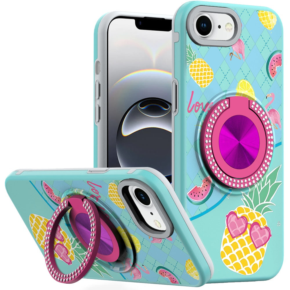For iPhone 16e Case Printed Design Magnetic Bling Ring Stand + Tempered Glass