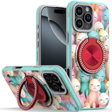 For iPhone 16 6.1inch Case Printed Magnetic Bling Ring Stand + Tempered Glass