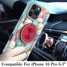 For iPhone 16 Pro 6.3in Case Printed Magnetic Bling Ring Stand + Tempered Glass
