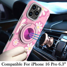 For iPhone 16 Pro 6.3in Case Printed Magnetic Bling Ring Stand + Tempered Glass