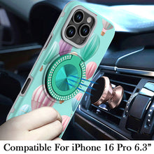 For iPhone 16 Pro 6.3in Case Printed Magnetic Bling Ring Stand + Tempered Glass