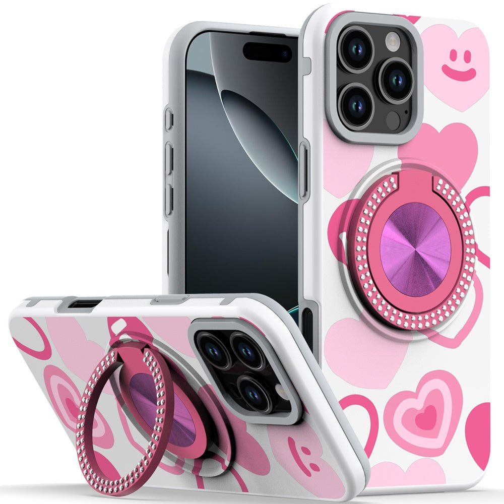 For iPhone 16 Pro 6.3in Case Printed Magnetic Bling Ring Stand + Tempered Glass