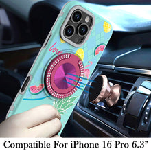 For iPhone 16 Pro 6.3in Case Printed Magnetic Bling Ring Stand + Tempered Glass