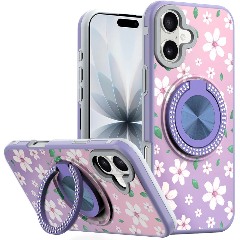For iPhone 17 Case Printed Design with Bling 360 Rotating Stand + Tempered Glass