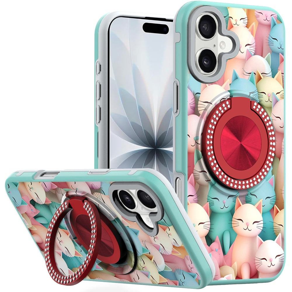 For iPhone 17 Case Printed Design with Bling 360 Rotating Stand + Tempered Glass