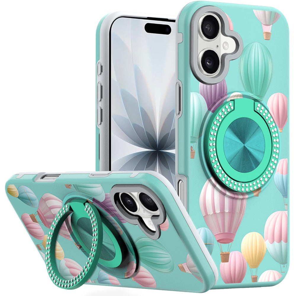 For iPhone 17 Case Printed Design with Bling 360 Rotating Stand + Tempered Glass