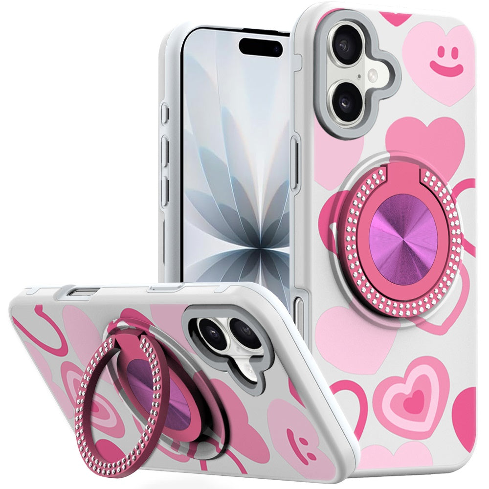For iPhone 17 Case Printed Design with Bling 360 Rotating Stand + Tempered Glass