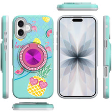 For iPhone 17 Case Printed Design with Bling 360 Rotating Stand + Tempered Glass