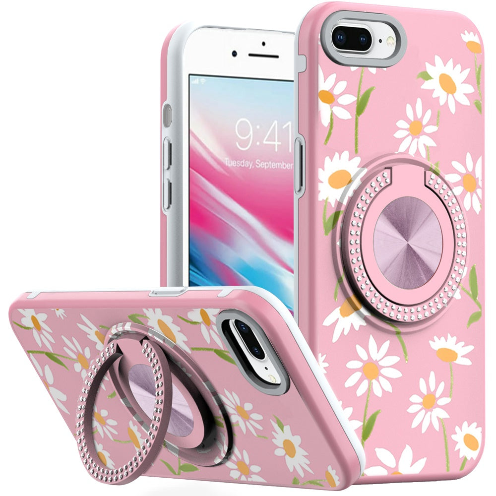 For iPhone 8 Plus/7 Plus Case Printed Design w/ Bling 360 Stand + Tempered Glass