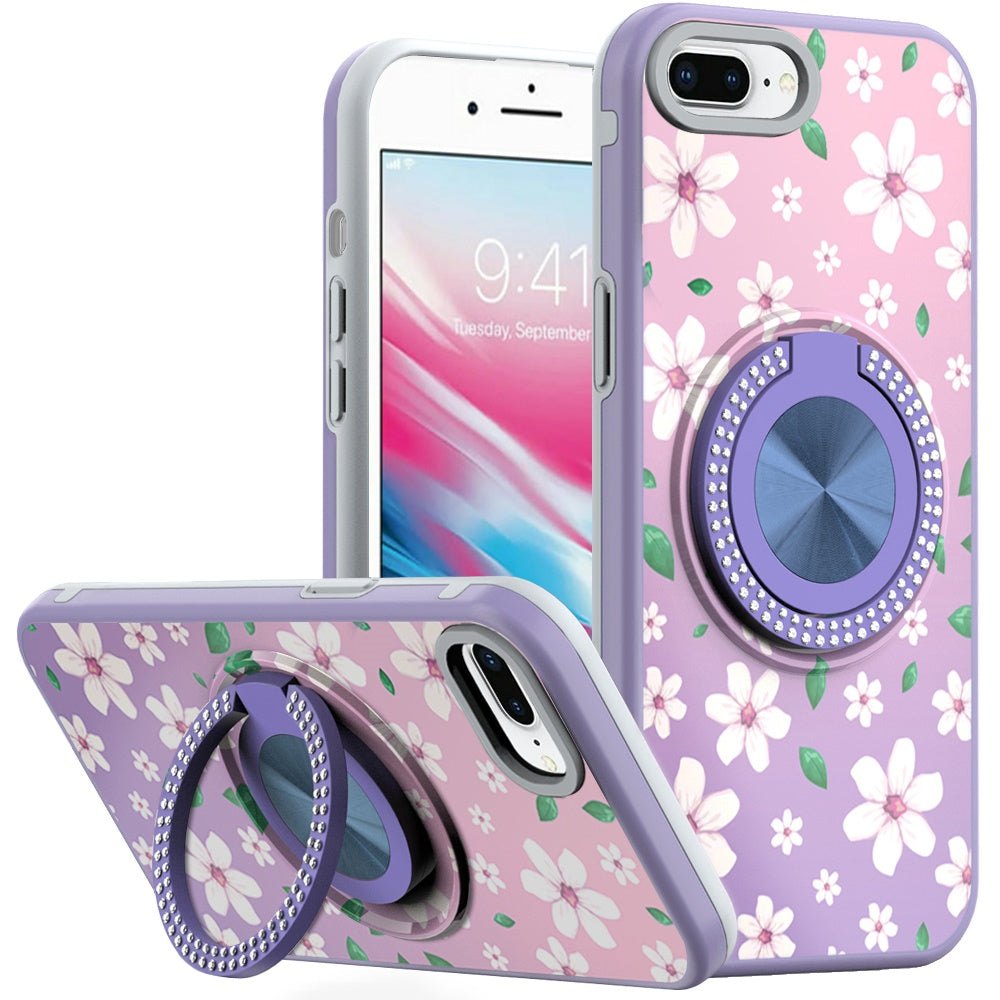 For iPhone 8 Plus/7 Plus Case Printed Design w/ Bling 360 Stand + Tempered Glass