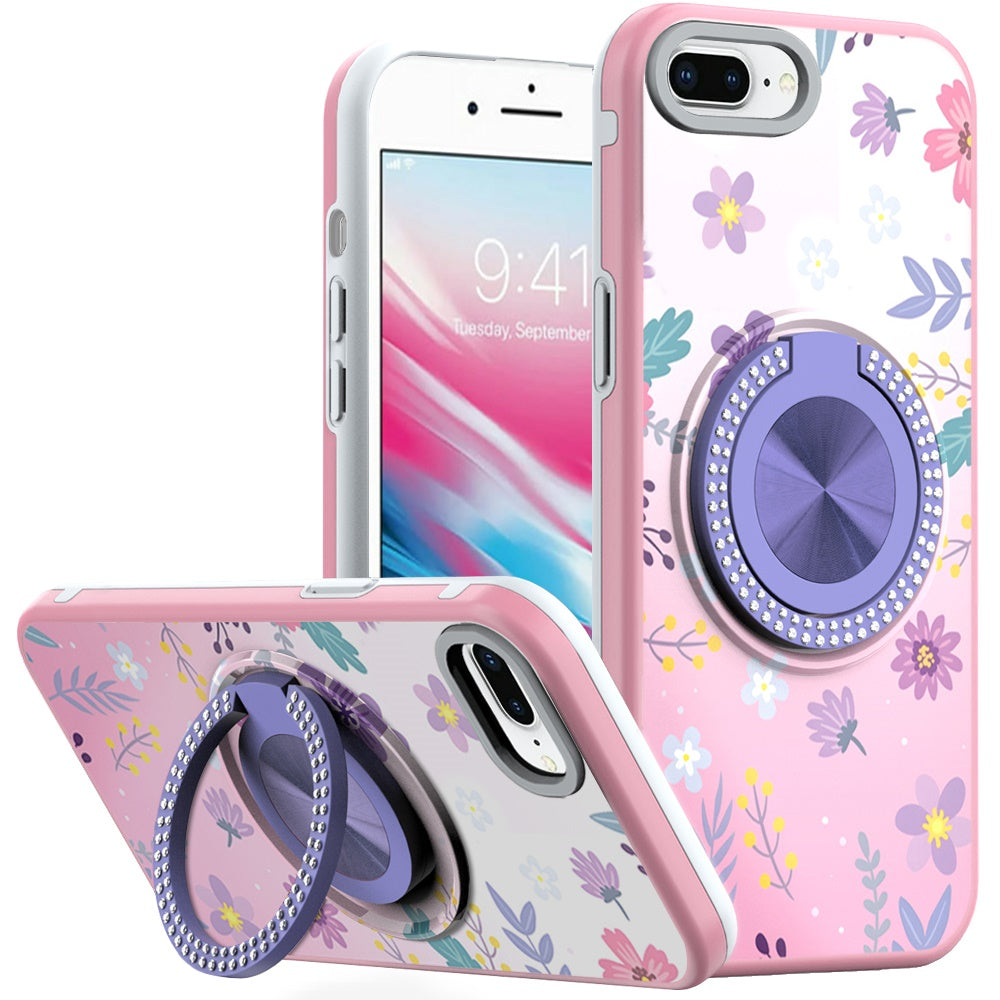 For iPhone 8 Plus/7 Plus Case Printed Design w/ Bling 360 Stand + Tempered Glass