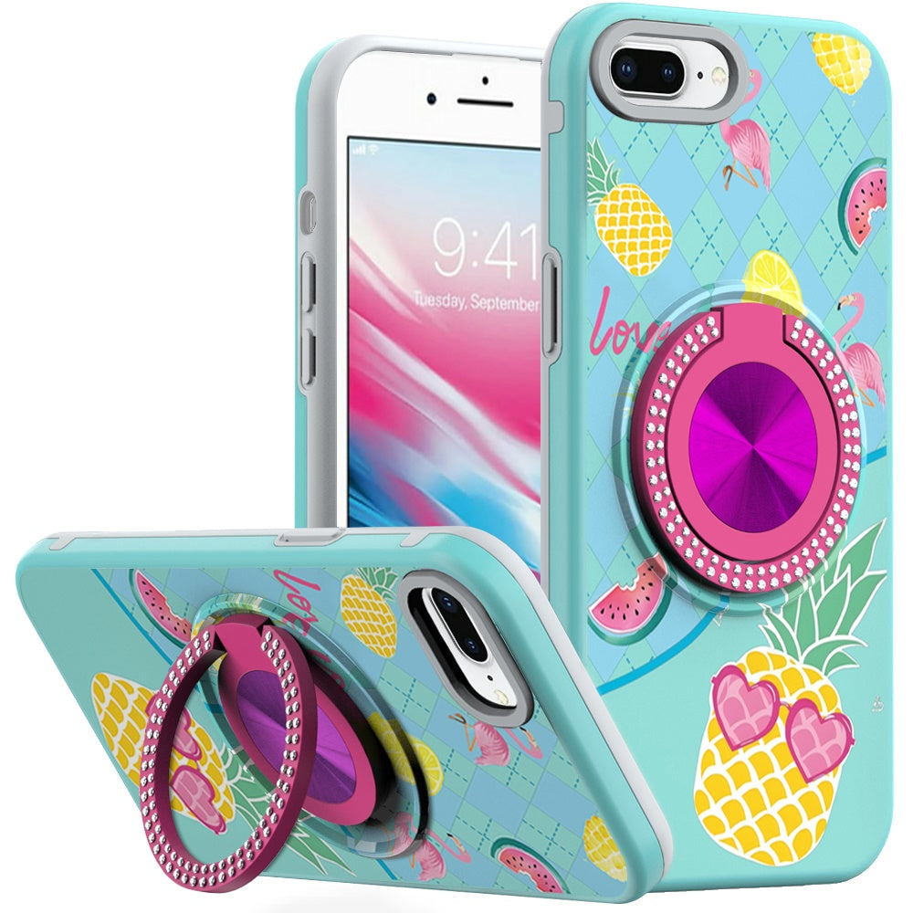 For iPhone 8 Plus/7 Plus Case Printed Design w/ Bling 360 Stand + Tempered Glass