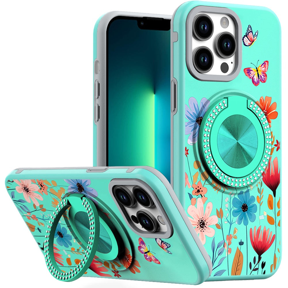 For iPhone 13 Pro Max 6.7 inch Case Printed Desing Magnetic Bling Ring Stand
