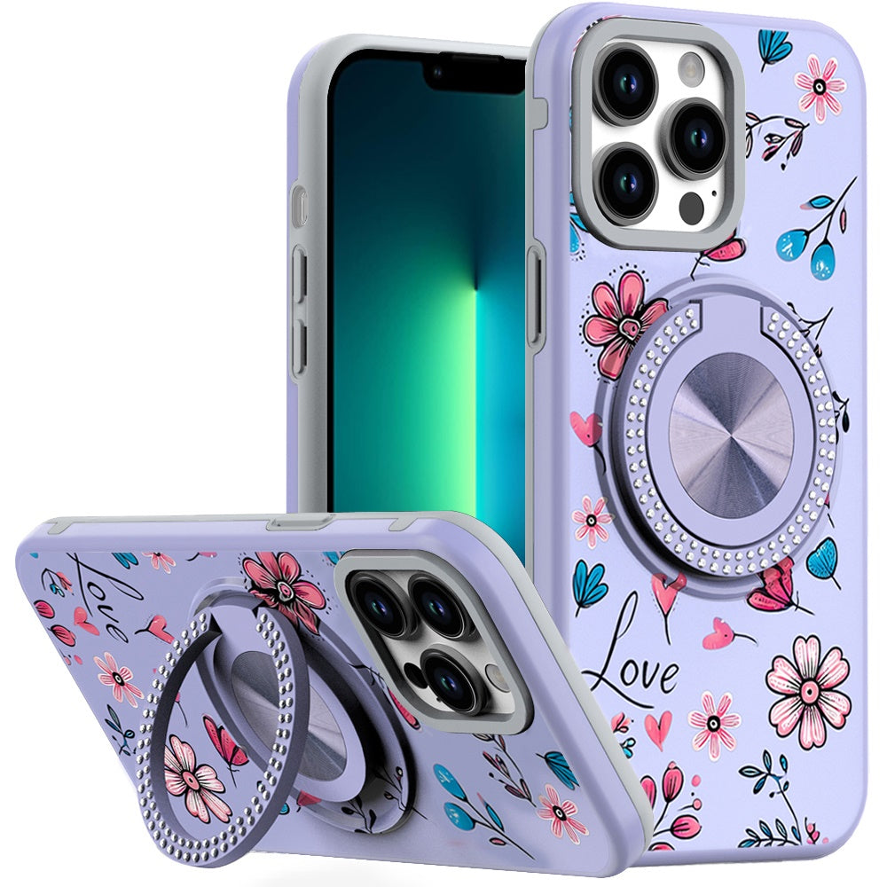 For iPhone 13 Pro Max 6.7 inch Case Printed Desing Magnetic Bling Ring Stand