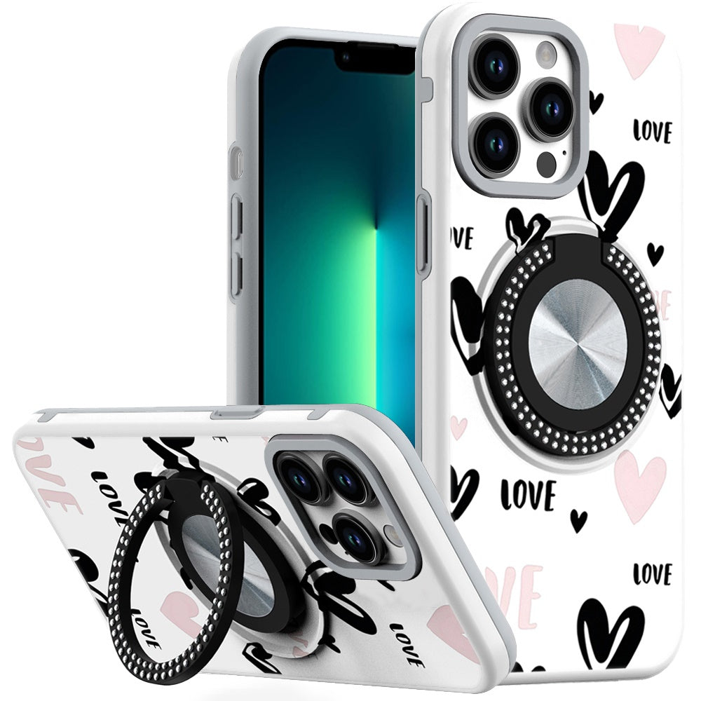 For iPhone 13 Pro Max 6.7 inch Case Printed Desing Magnetic Bling Ring Stand