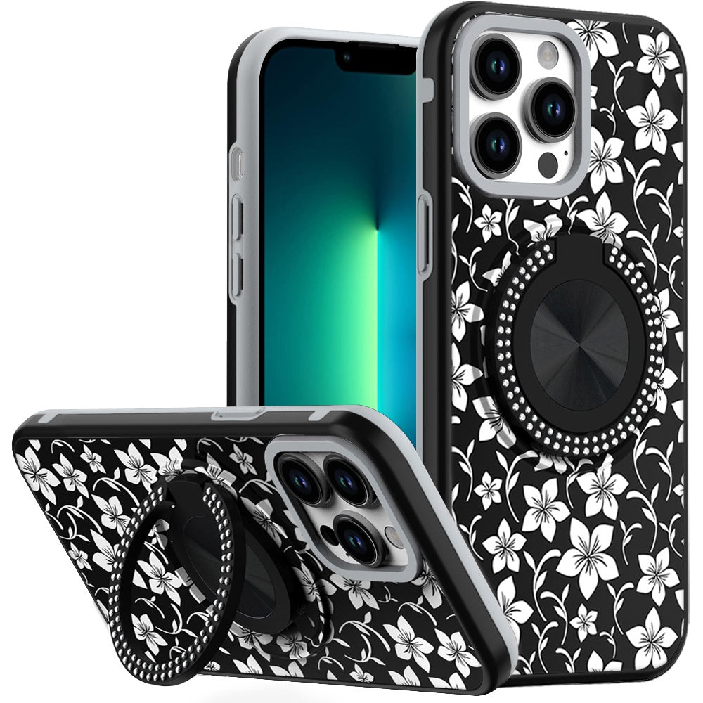For iPhone 13 Pro Max 6.7 inch Case Printed Desing Magnetic Bling Ring Stand