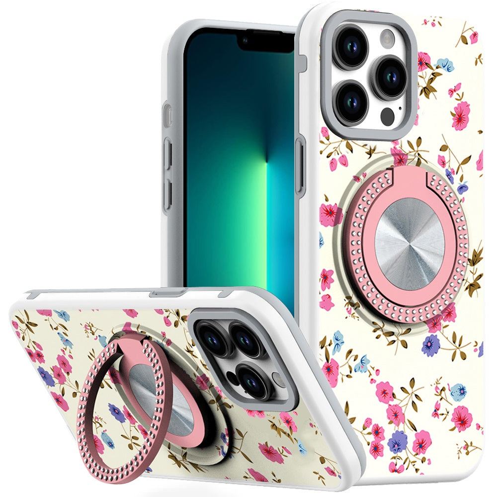 For iPhone 13 Pro Max 6.7 inch Case Printed Desing Magnetic Bling Ring Stand