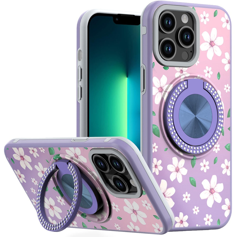 For iPhone 13 Pro Max 6.7 inch Case Printed Desing Magnetic Bling Ring Stand