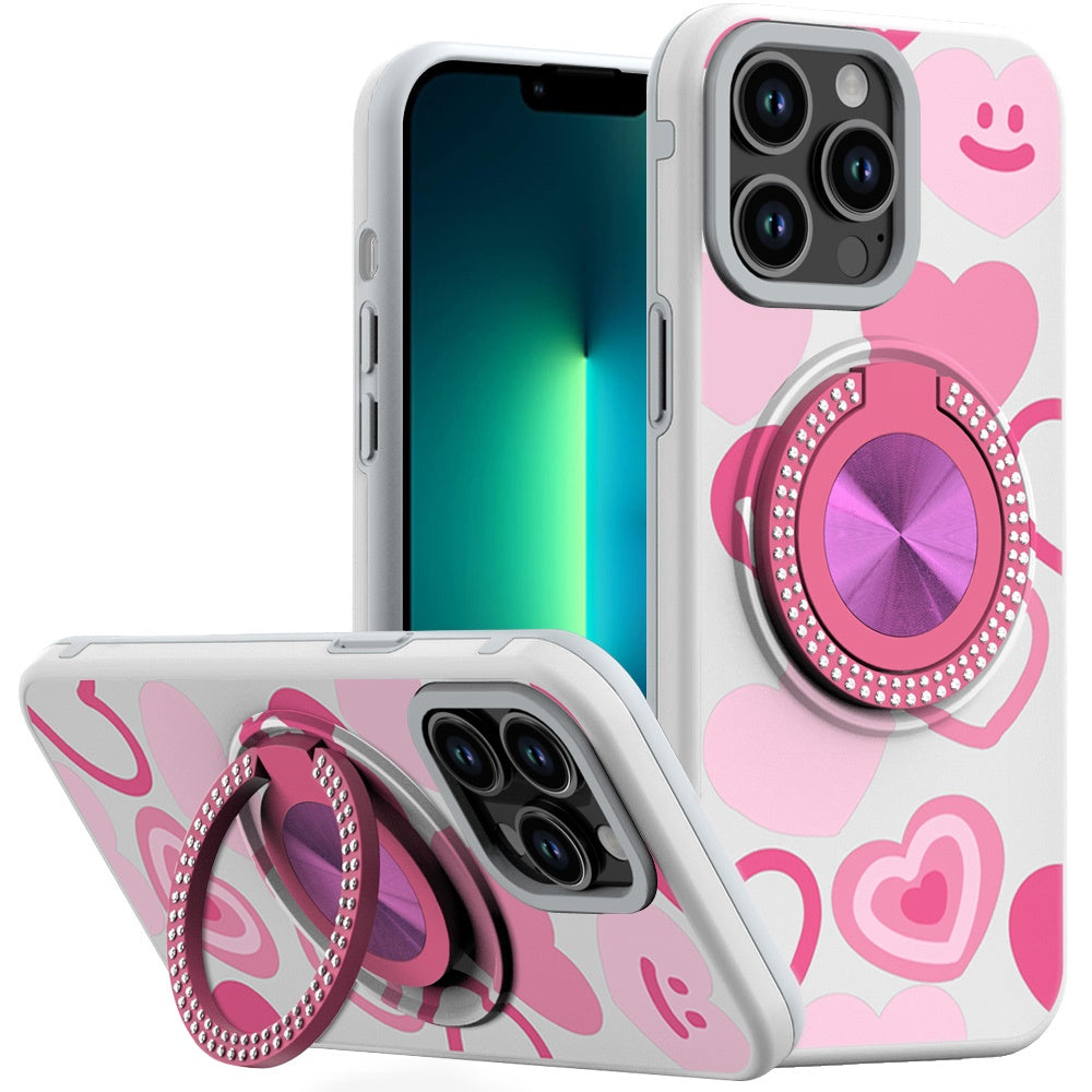 For iPhone 13 Pro Max 6.7 inch Case Printed Desing Magnetic Bling Ring Stand