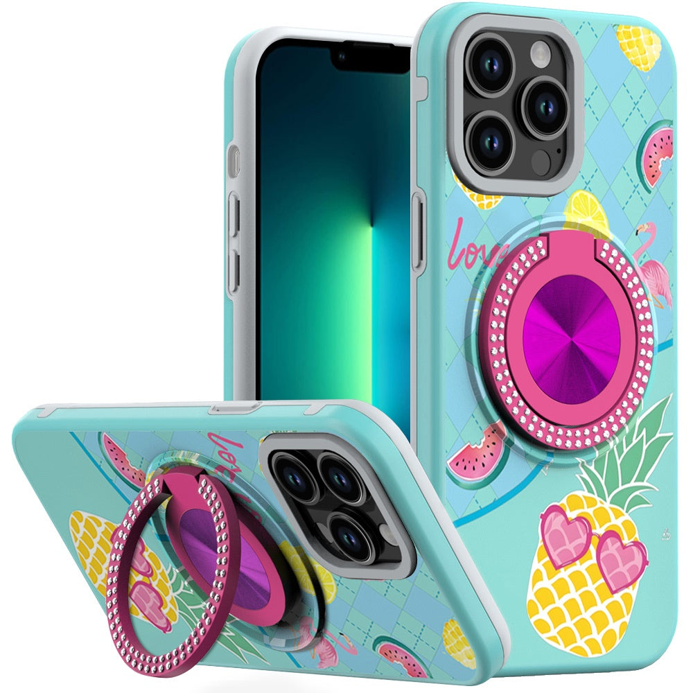 For iPhone 13 Pro Max 6.7 inch Case Printed Desing Magnetic Bling Ring Stand