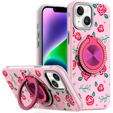For iPhone 13/14 Case Printed Design Magnetic Bling Ring Stand + Tempered Glass