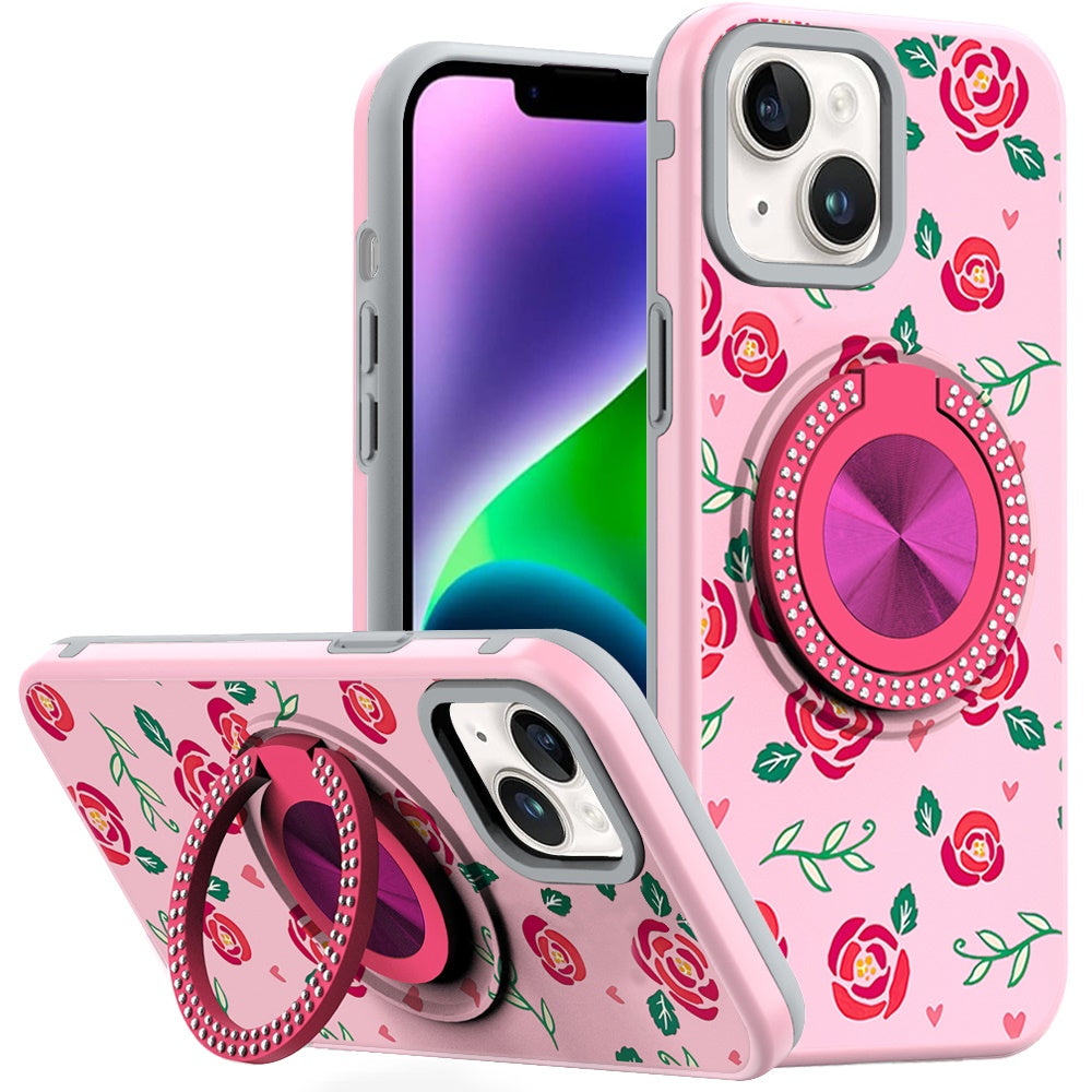 For iPhone 13/14 Case Printed Design Magnetic Bling Ring Stand + Tempered Glass