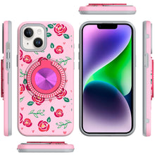 For iPhone 13/14 Case Printed Design Magnetic Bling Ring Stand + Tempered Glass