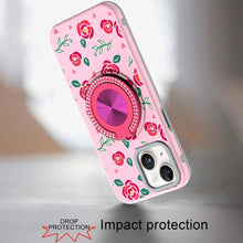For iPhone 13/14 Case Printed Design Magnetic Bling Ring Stand + Tempered Glass