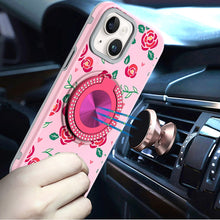 For iPhone 13/14 Case Printed Design Magnetic Bling Ring Stand + Tempered Glass