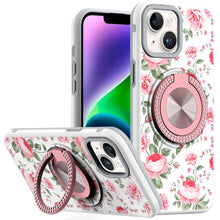 For iPhone 13/14 Case Printed Design Magnetic Bling Ring Stand + Tempered Glass