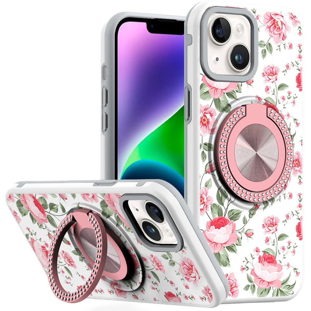 For iPhone 13/14 Case Printed Design Magnetic Bling Ring Stand + Tempered Glass