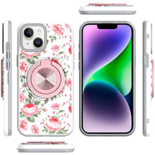 For iPhone 13/14 Case Printed Design Magnetic Bling Ring Stand + Tempered Glass