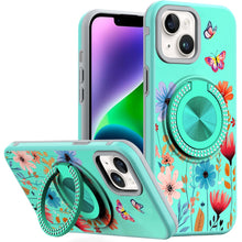 For iPhone 13/14 Case Printed Design Magnetic Bling Ring Stand + Tempered Glass